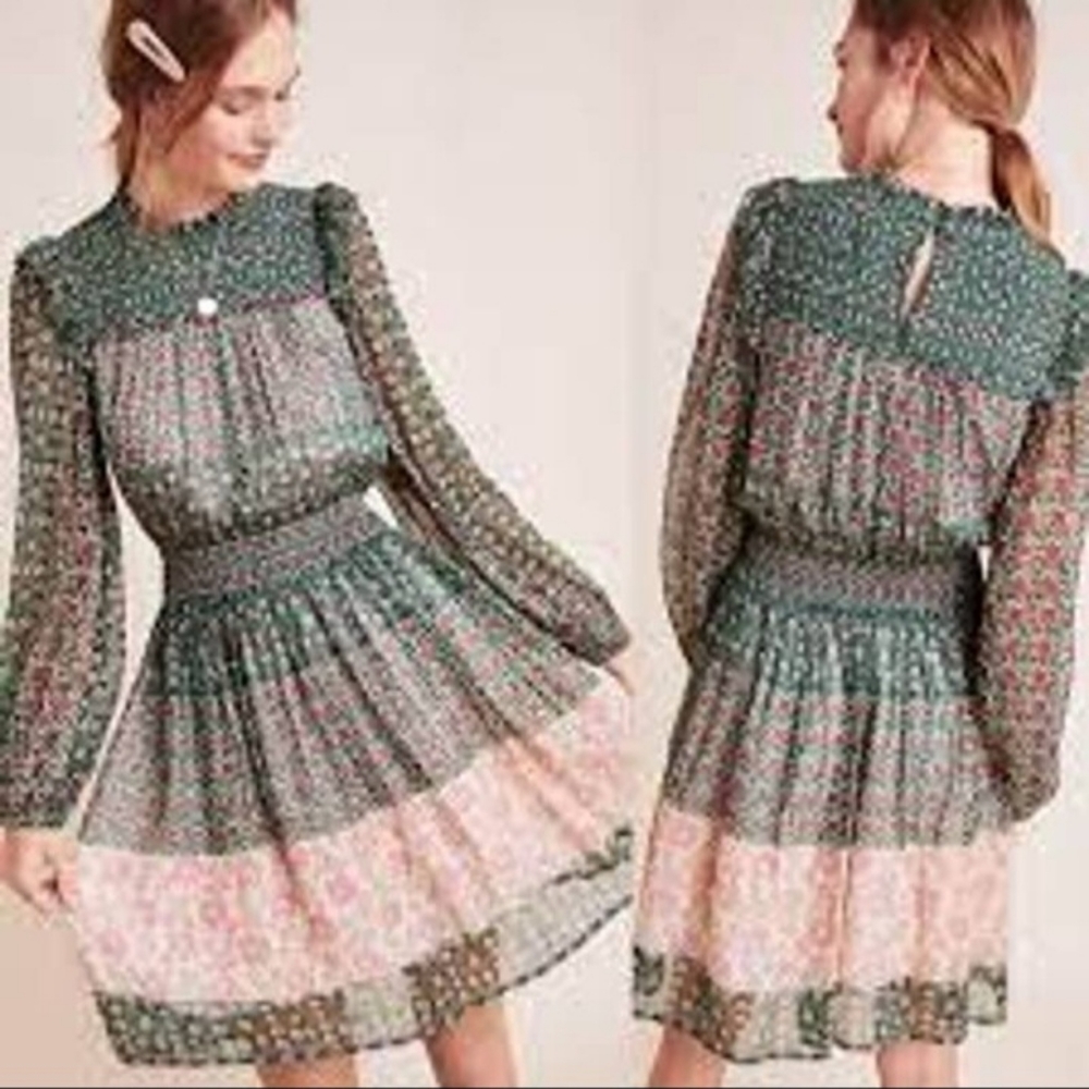 Anthropologie Riannon Print Long Sleeve Smocked Dress Size XS - Picture 2 of 12